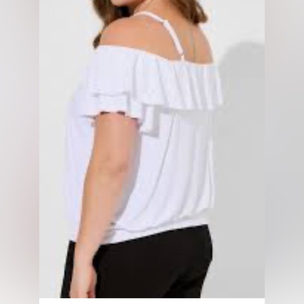 Torrid Super Soft Cold Shoulder Eyelet Ruffle Crop Top - Picture 2 of 5